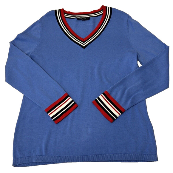 TOMMY HILFIGER Women V-Neck Sweater Sz L Blue Cotton Pullover Casual Preppy - Picture 1 of 7